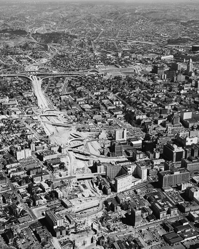 Harbor/Pasadena Freeway (US 110) under construction, Downtown Los Angeles, <i>March 21, 1953</i>